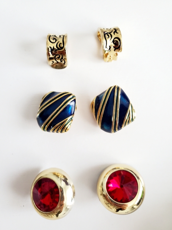 Jewelry - Gold-Tone Blue Enamel & Red Crystal Clip-On Earring Set